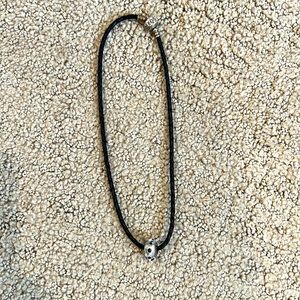 Pandora braided black leather cord necklace with polka dot charm bead